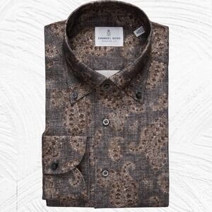 EMANUEL BERG $328 FLANNEL Shirt Men XL 17.5 EU 44 Grey Brown Paisley NWT‎